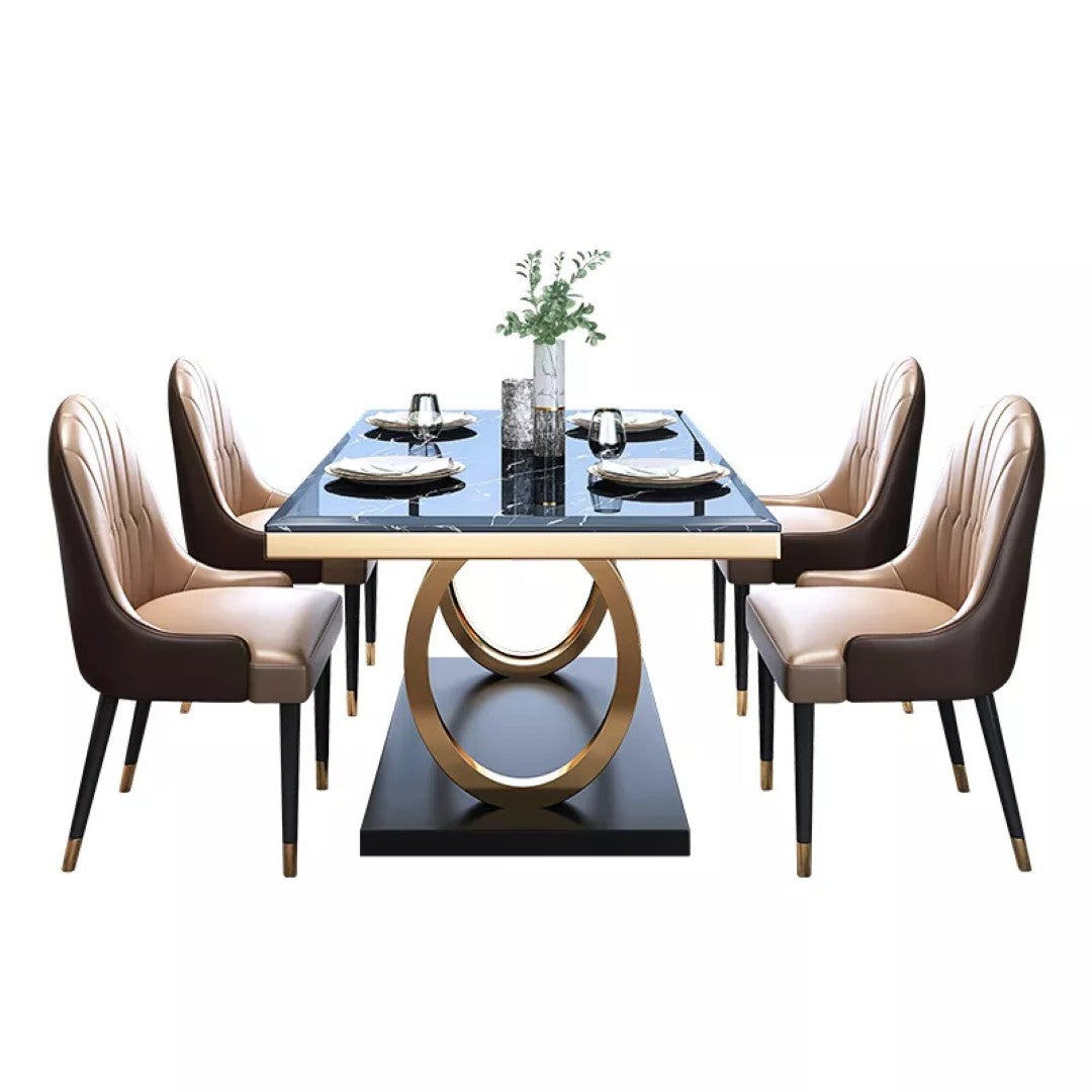 Modern Black Marble Dining Table with Golden Ring Base & Upholstered Chairs (6-Seater)
