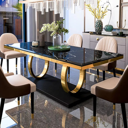 Modern Black Marble Dining Table with Golden Ring Base & Upholstered Chairs (6-Seater)