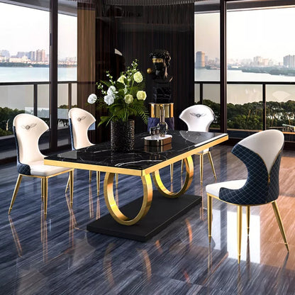 Modern Black Marble Dining Table with Golden Ring Base & Upholstered Chairs (6-Seater)