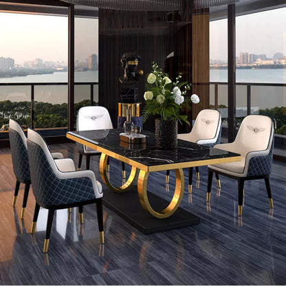 Modern Black Marble Dining Table with Golden Ring Base & Upholstered Chairs (6-Seater)
