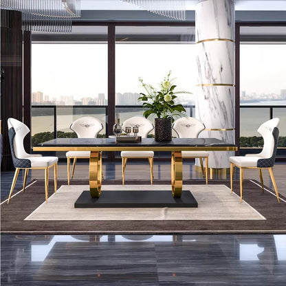 Modern Black Marble Dining Table with Golden Ring Base & Upholstered Chairs (6-Seater)