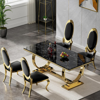 Luxury Black Marble Dining Table with Golden Stainless Steel Legs & High-Back Chairs (6-Seater)