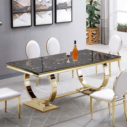 Luxury Black Marble Dining Table with Golden Stainless Steel Legs & High-Back Chairs (6-Seater)