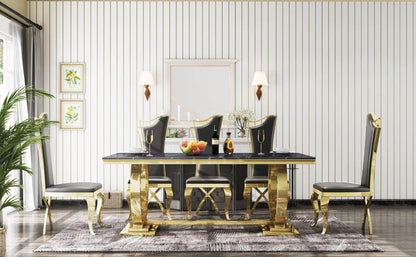 Luxury Black Marble Dining Table with Golden Stainless Steel Legs & High-Back Chairs (6-Seater)