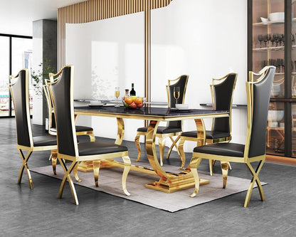 Luxury Black Marble Dining Table with Golden Stainless Steel Legs & High-Back Chairs (6-Seater)