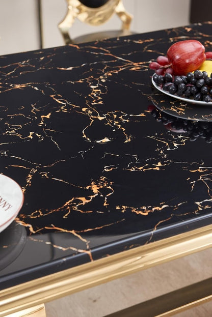 Luxury Black Marble Dining Table with Golden Stainless Steel Legs & High-Back Chairs (6-Seater)