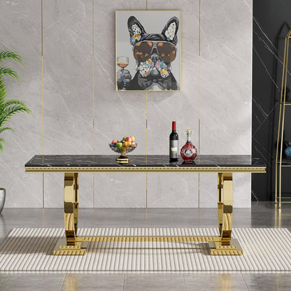 Luxury Black Marble Dining Table with Golden Stainless Steel Legs & High-Back Chairs (6-Seater)