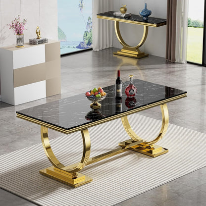 Luxury Black Marble Dining Table with Golden Stainless Steel Legs & High-Back Chairs (6-Seater)