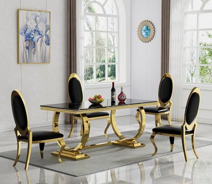 Luxury Black Marble Dining Table with Golden Stainless Steel Legs & High-Back Chairs (6-Seater)