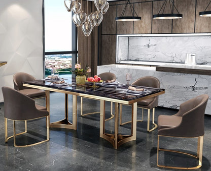 Luxury Black Marble Dining Table with Gold Frame & Upholstered Chairs (6-Seater)