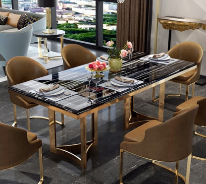 Luxury Black Marble Dining Table with Gold Frame & Upholstered Chairs (6-Seater)