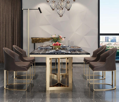 Luxury Black Marble Dining Table with Gold Frame & Upholstered Chairs (6-Seater)