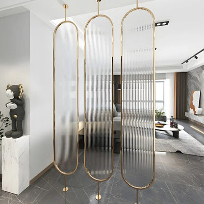 Luxury Golden Frame Room Divider with Frosted Ribbed Glass Panels