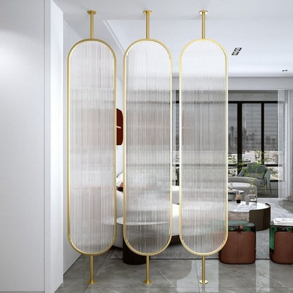 Luxury Golden Frame Room Divider with Frosted Ribbed Glass Panels