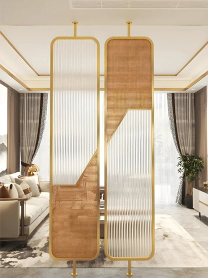 Luxury Fusion Partition – Ribbed Glass & Rattan Cane Design