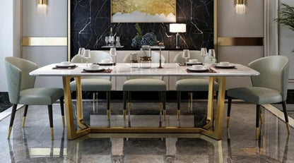 Luxury Marble Dining Table with Gold Stainless Steel Base & Upholstered Chairs