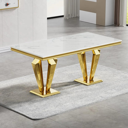 Luxury White Marble Rectangular Dining Table with Golden Stainless Steel Base & High-Back Chairs – 4 Seater