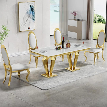 Luxury White Marble Rectangular Dining Table with Golden Stainless Steel Base & High-Back Chairs – 4 Seater