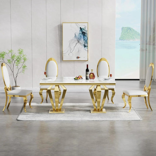 Luxury White Marble Rectangular Dining Table with Golden Stainless Steel Base & High-Back Chairs – 4 Seater