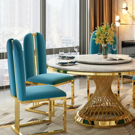 Luxury Round Marble Dining Table with Golden Base & Royal Blue Upholstered Chairs (6-Seater)