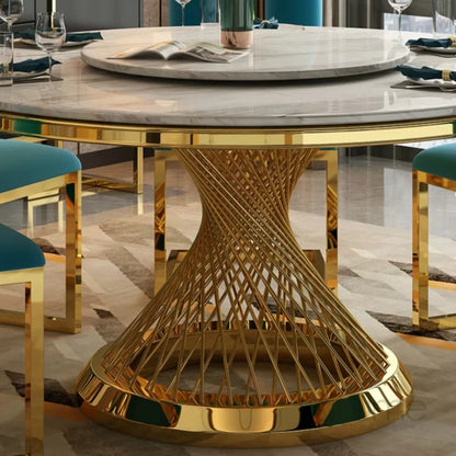 Luxury Round Marble Dining Table with Golden Base & Royal Blue Upholstered Chairs (6-Seater)