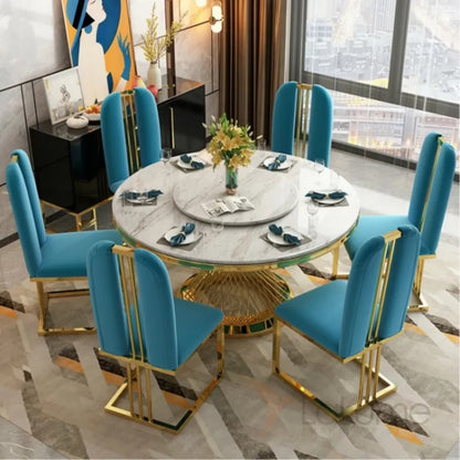 Luxury Round Marble Dining Table with Golden Base & Royal Blue Upholstered Chairs (6-Seater)
