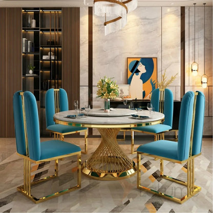 Luxury Round Marble Dining Table with Golden Base & Royal Blue Upholstered Chairs (6-Seater)