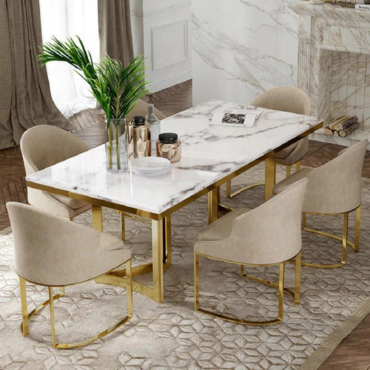 Luxury White Marble Dining Table with Golden Base & Beige Upholstered Chairs