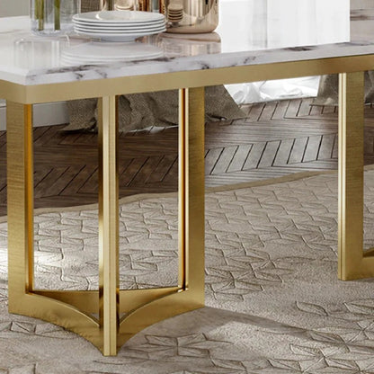 Luxury White Marble Dining Table with Golden Base & Beige Upholstered Chairs