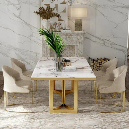 Luxury White Marble Dining Table with Golden Base & Beige Upholstered Chairs