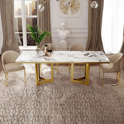Luxury White Marble Dining Table with Golden Base & Beige Upholstered Chairs