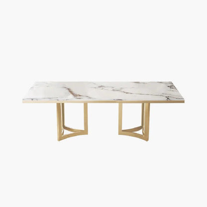 Luxury White Marble Dining Table with Golden Base & Beige Upholstered Chairs