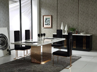 Luxury White Marble Dining Table with Golden Base & Tall Black Upholstered Chairs