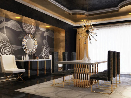 Luxury White Marble Dining Table with Golden Base & Tall Black Upholstered Chairs