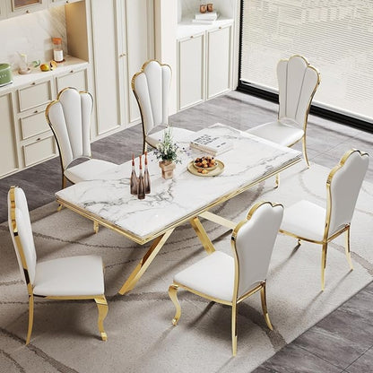 Luxury White Marble Dining Table with Golden Stainless Steel Base & High-Back Chairs