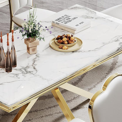 Luxury White Marble Dining Table with Golden Stainless Steel Base & High-Back Chairs