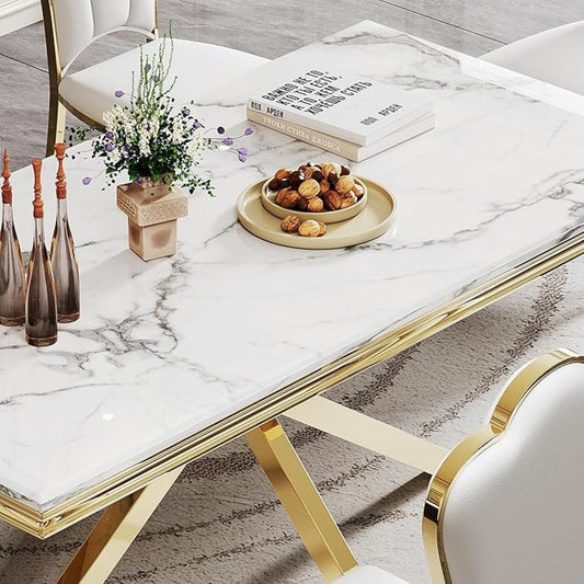 Luxury White Marble Dining Table with Golden Stainless Steel Base & High-Back Chairs