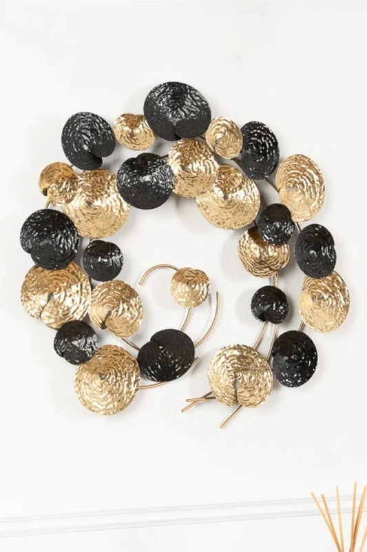 Modern Abstract Metal Wall Art – Black & Gold Circular Design