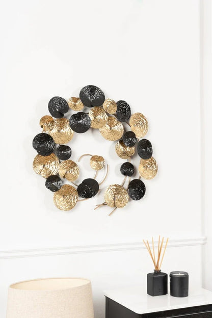 Modern Abstract Metal Wall Art – Black & Gold Circular Design