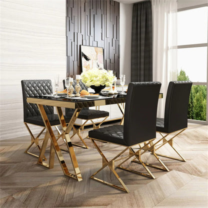 Modern Black Glass Dining Table with Gold X-Base & Quilted Leather Chairs (6-Seater)