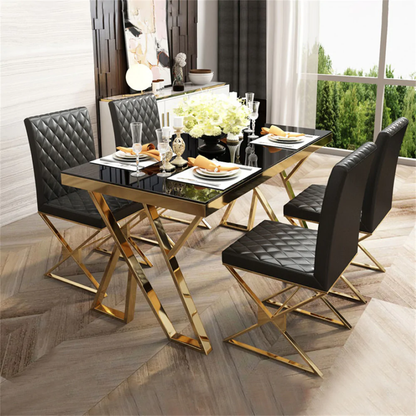 Modern Black Glass Dining Table with Gold X-Base & Quilted Leather Chairs (6-Seater)