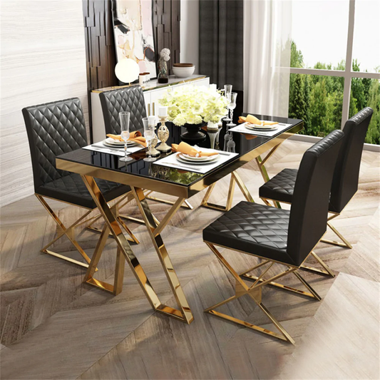 Modern Black Glass Dining Table with Gold X-Base & Quilted Leather Chairs (6-Seater)