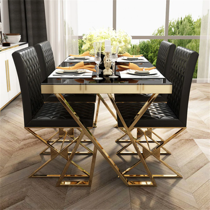 Modern Black Glass Dining Table with Gold X-Base & Quilted Leather Chairs (6-Seater)