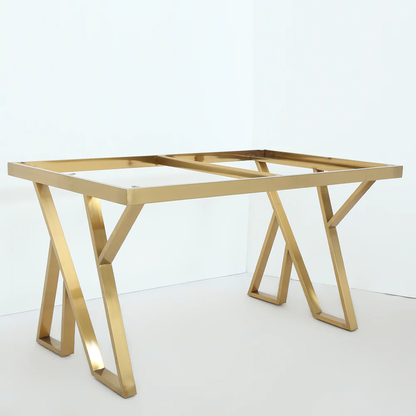 Modern Black Glass Dining Table with Gold X-Base & Quilted Leather Chairs (6-Seater)