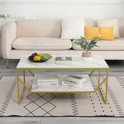 Modern White Marble Rectangular Coffee Table with Golden Frame & Shelf