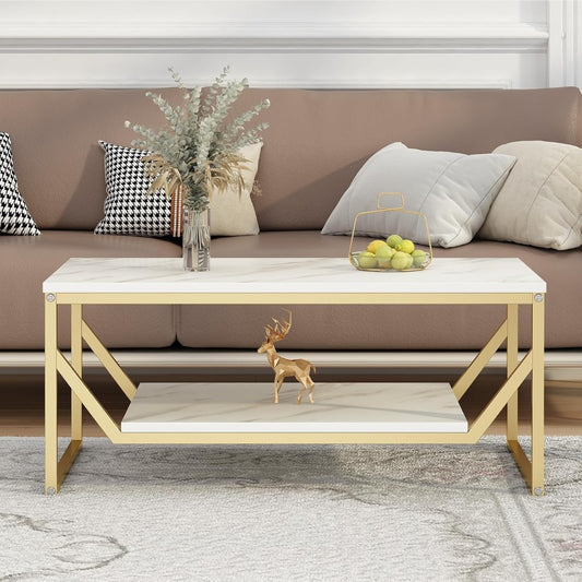 Modern White Marble Rectangular Coffee Table with Golden Frame & Shelf