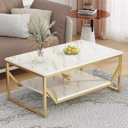 Modern White Marble Rectangular Coffee Table with Golden Frame & Shelf