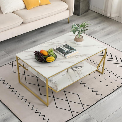 Modern White Marble Rectangular Coffee Table with Golden Frame & Shelf