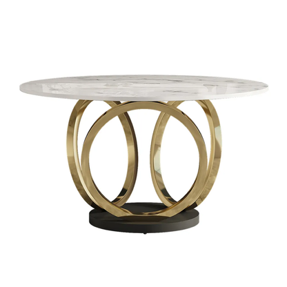 Modern Round White Marble Dining Table with Golden Base & Dual-Tone Upholstered Chairs – 6 Seater