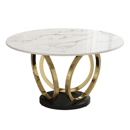 Modern Round White Marble Dining Table with Golden Base & Dual-Tone Upholstered Chairs – 6 Seater